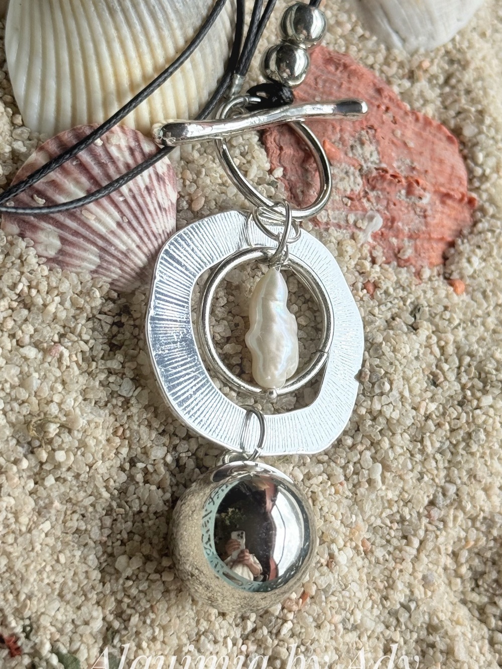 Monumental Silver Pendant Necklace with  baroque White Pearl Accent